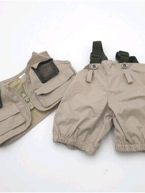 BABW Build A Bear Fisherman Vest Suspender Pants Tan Fishing Safari Outfit Set
